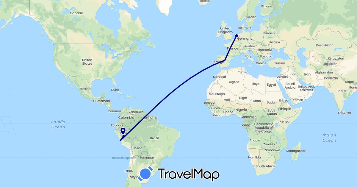 TravelMap itinerary: driving in Spain, Netherlands, Peru (Europe, South America)